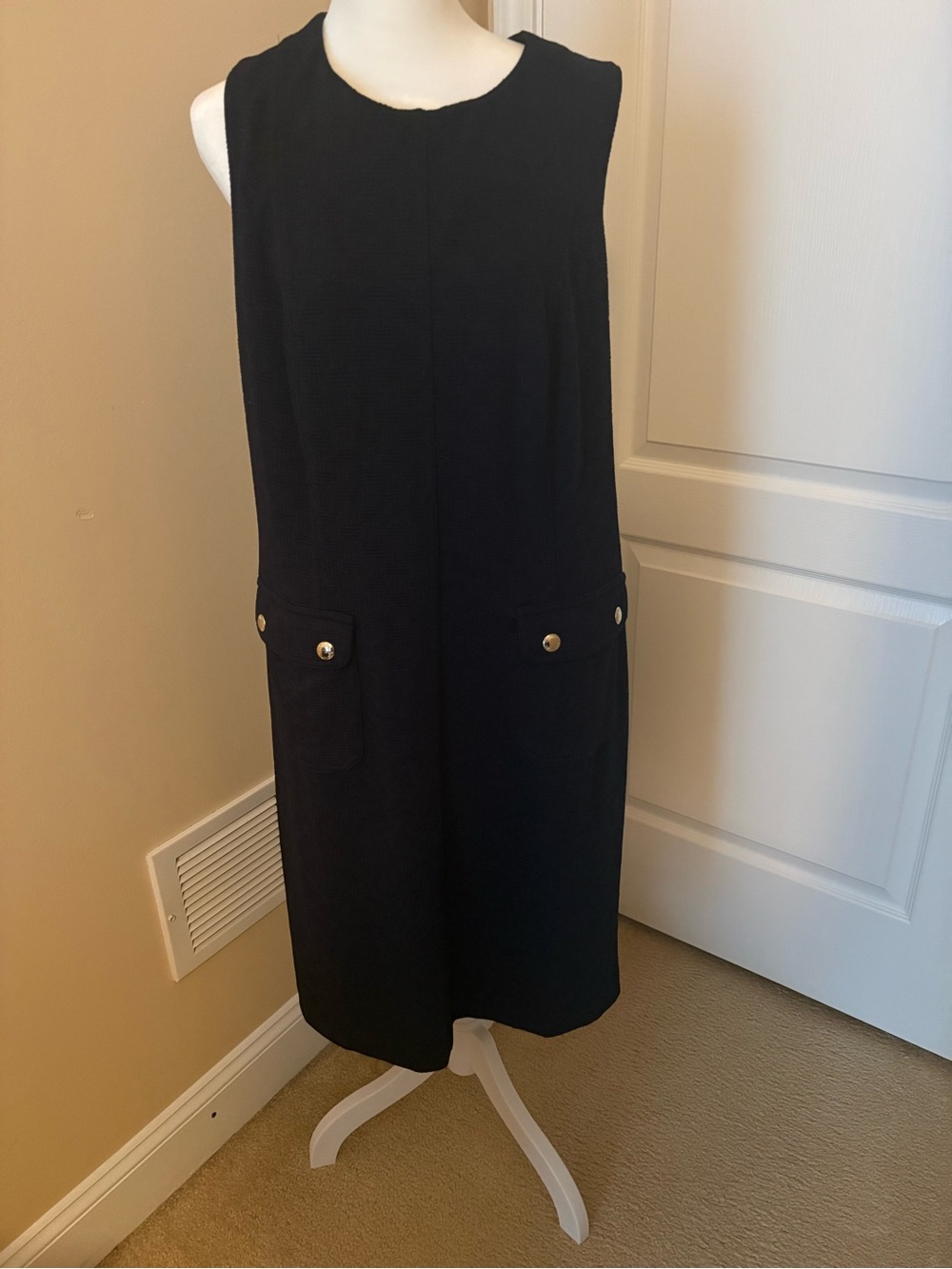 Tommy Hilfiger Black Sleeveless Midi Shift Dress with Gold-Tone Buttons